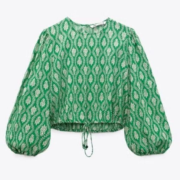 Zara blogger favorite green printed cotton top with waist tie - Picture 7 of 8
